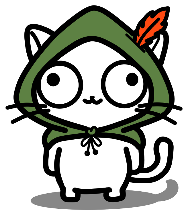 Hoocat, a confused cat wearing a green Robin Hood hood with a red feather